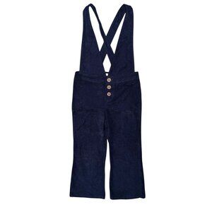 Girls Navy Blue Corduroy Cotton Overalls With Cross-Back Straps & Wooden Button